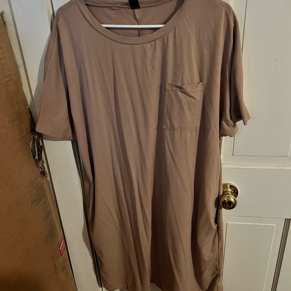 Casual Tan T-Shirt Dress with Pocket